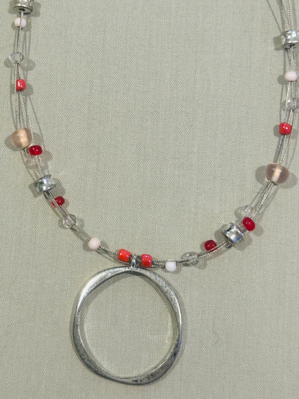 Multi-Strand Beaded Necklace in Red, White and Pale Gold